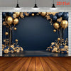 A navy blue and gold party backdrop banner featuring a dark background framed by balloons and floral arrangements.