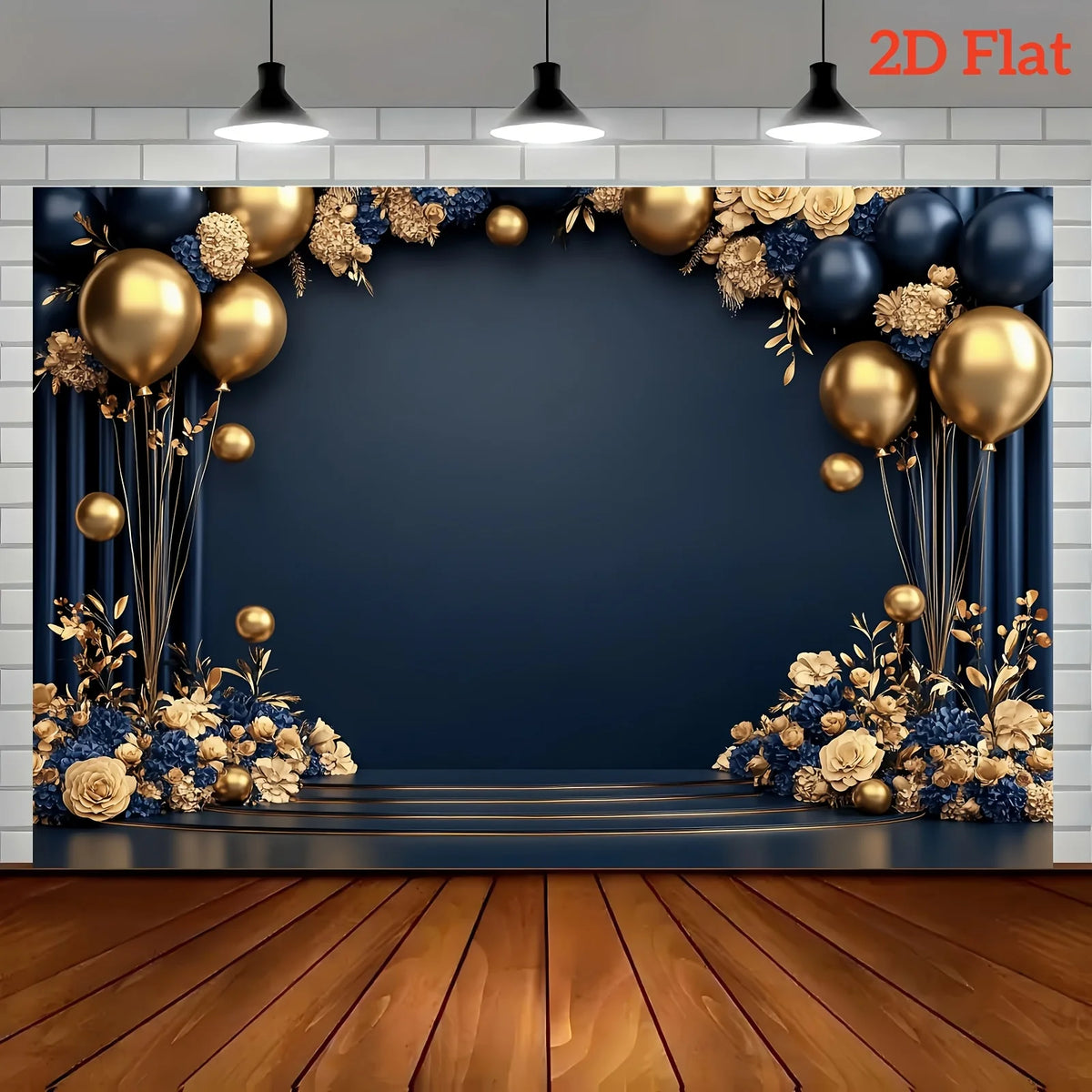 A navy blue and gold party backdrop banner featuring a dark background framed by balloons and floral arrangements.