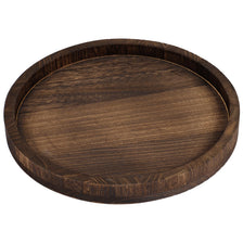A round, dark brown wooden serving tray with a natural grain finish.
