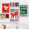 A collection of nine vibrant pop art canvas prints featuring abstract designs and stylized cats on a white wall.