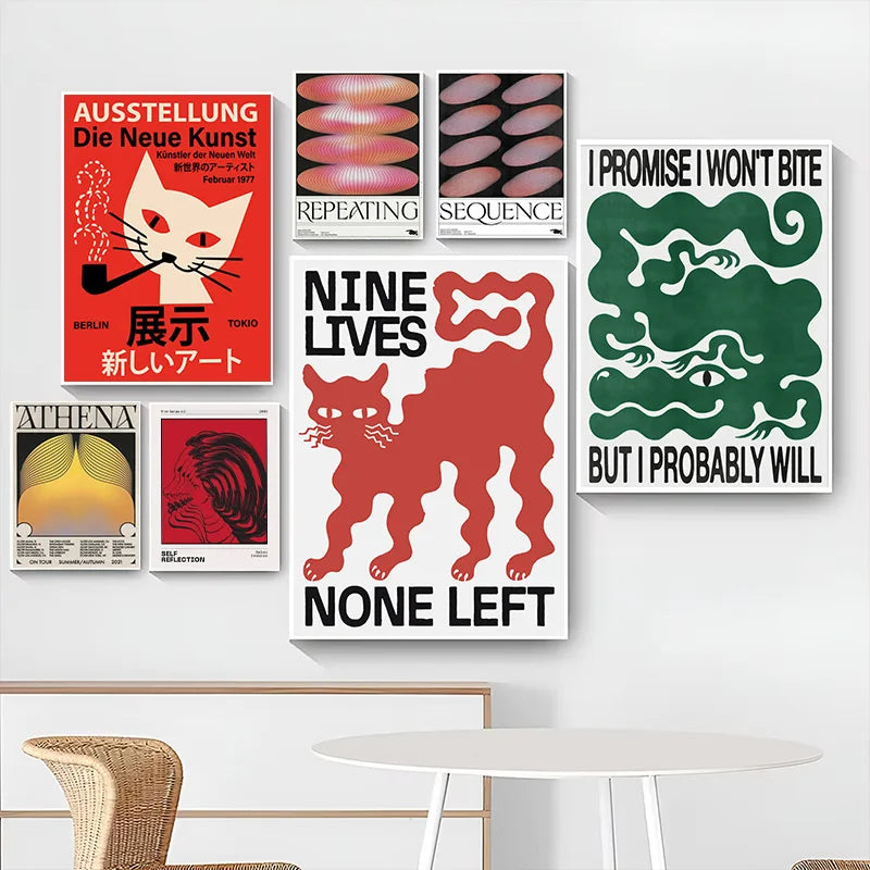A collection of nine vibrant pop art canvas prints featuring abstract designs and stylized cats on a white wall.