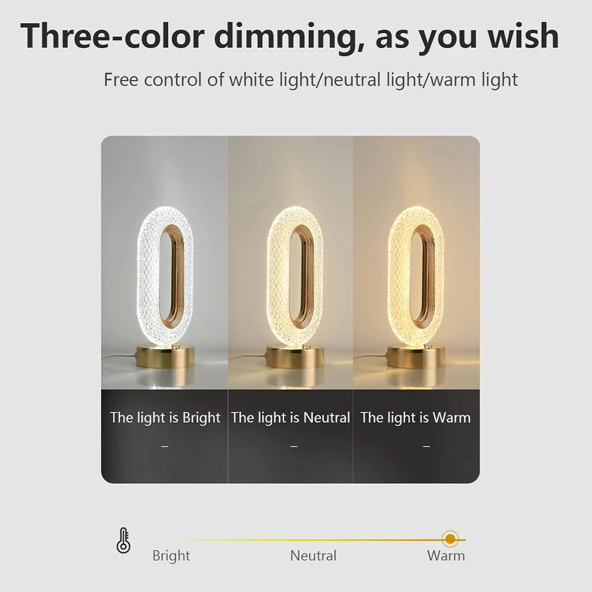 Three-color dimming light source showing white, neutral, and warm light settings on an oval crystal LED table lamp.