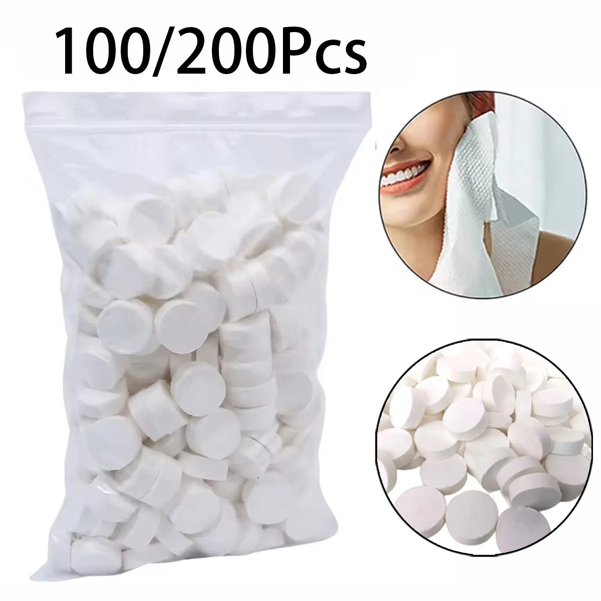 A bag of 100 to 200 compressed white disposable camping towels.