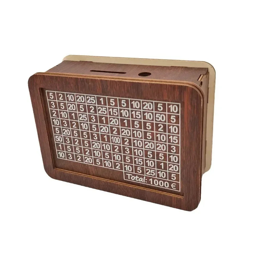 A wooden money saving box with a grid tracker showing various amounts of euros.