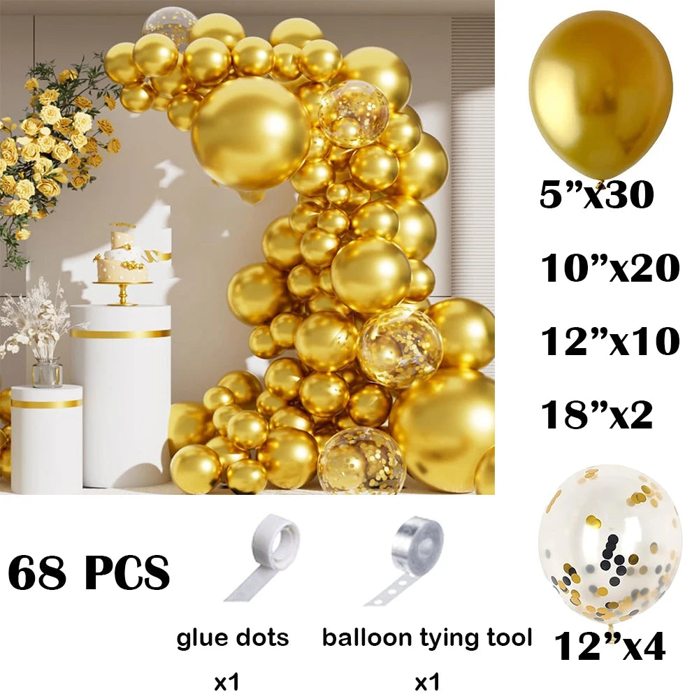 Metallic silver balloon garland arch kit featuring gold balloons and confetti accents with tools