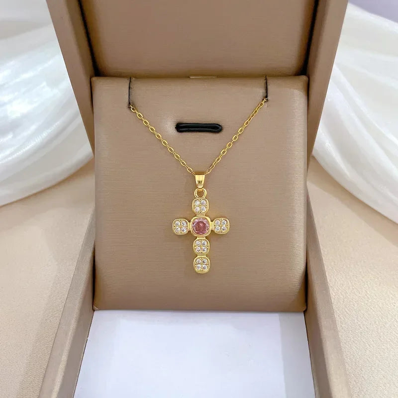 Gold Stainless Steel Crystal Cross Pendant Necklace
