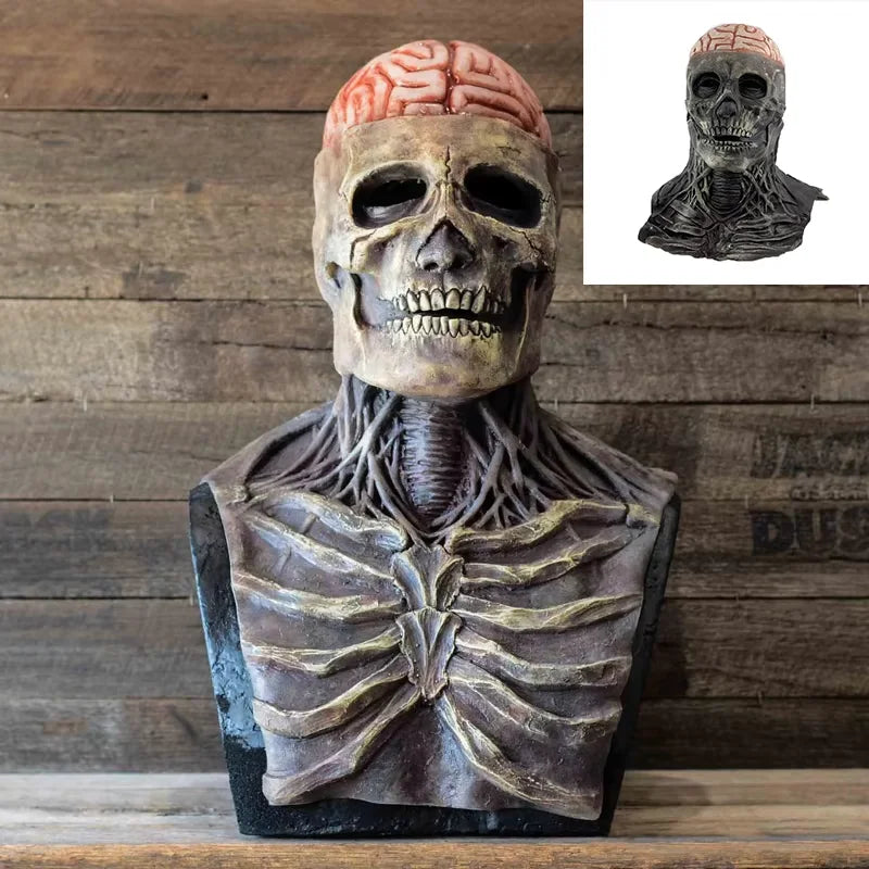 A realistic latex skull mask featuring a detailed human skull and brain structure, displayed against a wooden background.