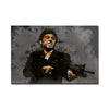 A gritty, dark portrait of a man in a suit holding a gun, rendered in black and gray tones.