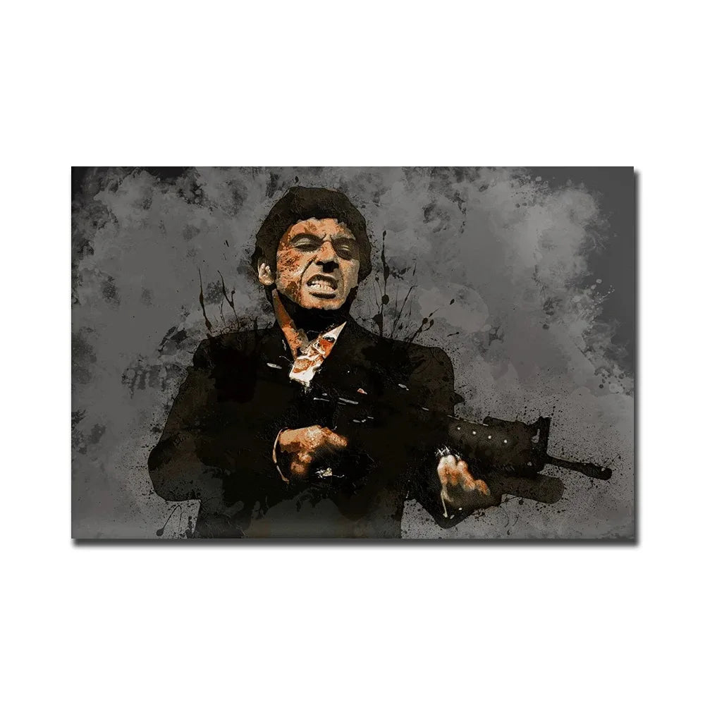 A gritty, dark portrait of a man in a suit holding a gun, rendered in black and gray tones.