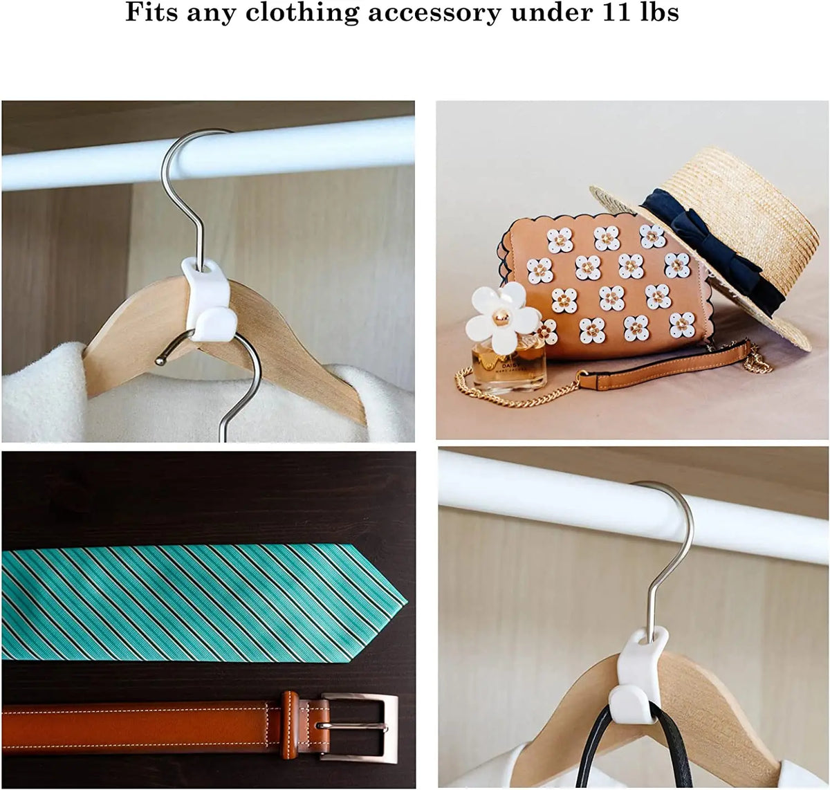 A set of space-saving cascading hanger connectors and hooks used for wardrobe organization.