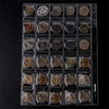 A clear plastic coin collection album displaying numerous coins arranged in compartments.