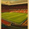 Vintage poster advertising Manchester United at Old Trafford stadium.