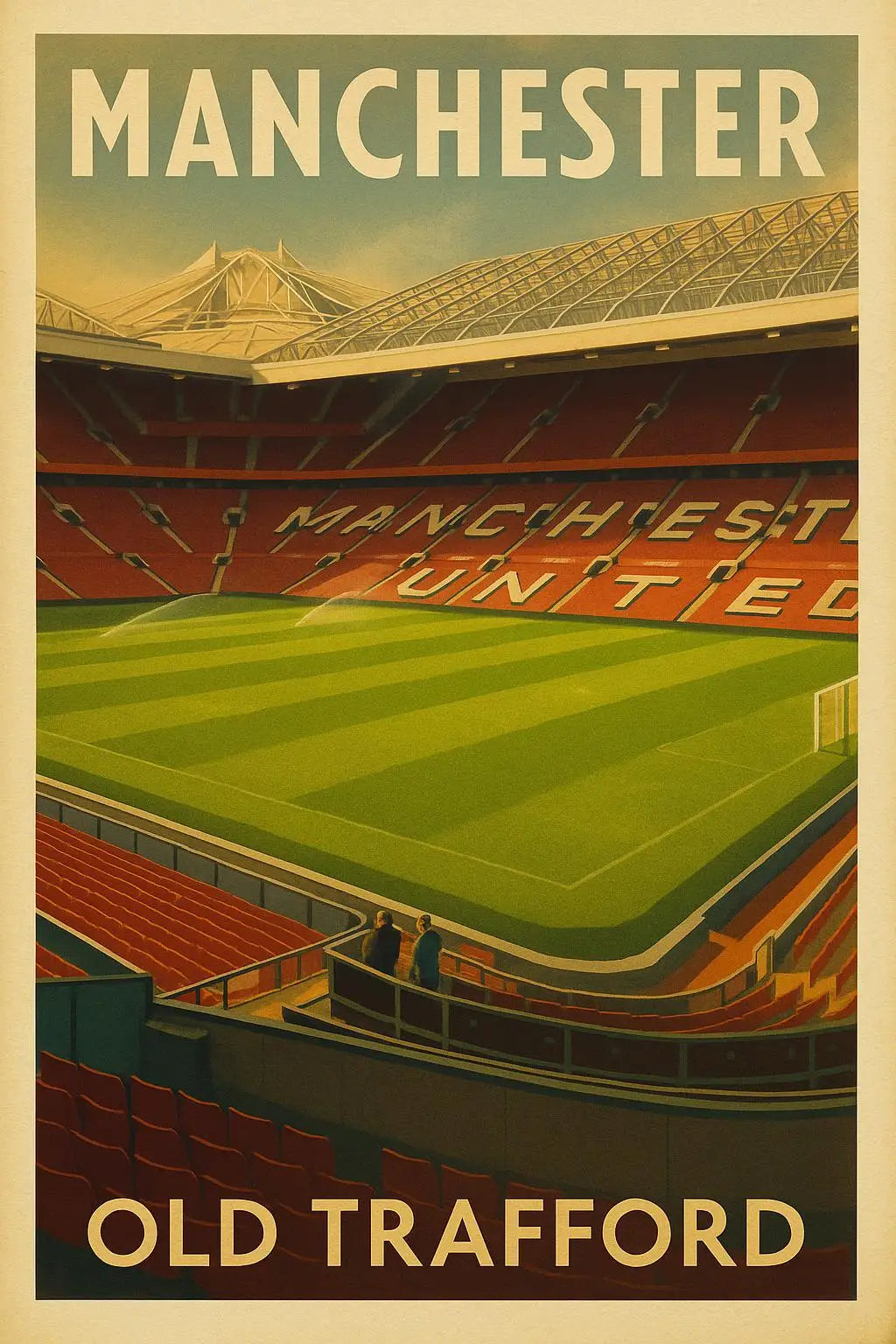 Vintage poster advertising Manchester United at Old Trafford stadium.