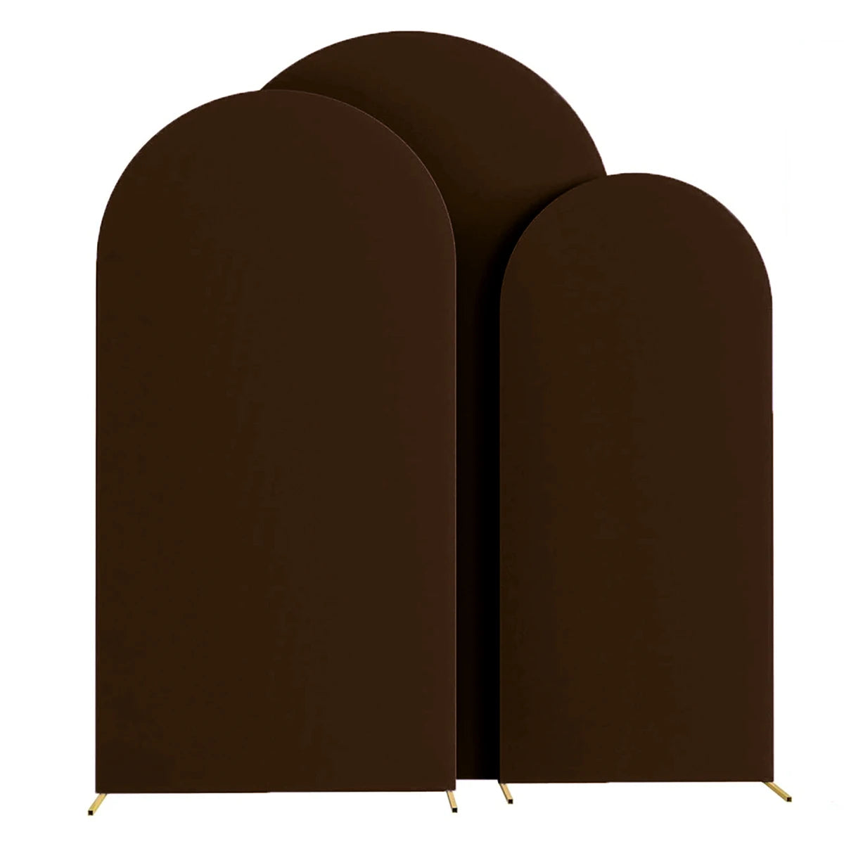 A set of three dark brown arch stands or backdrops for wedding and event decor.