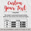 A graphic showing size options for custom text, including S, M, and L sizes with corresponding height measurements in centime
