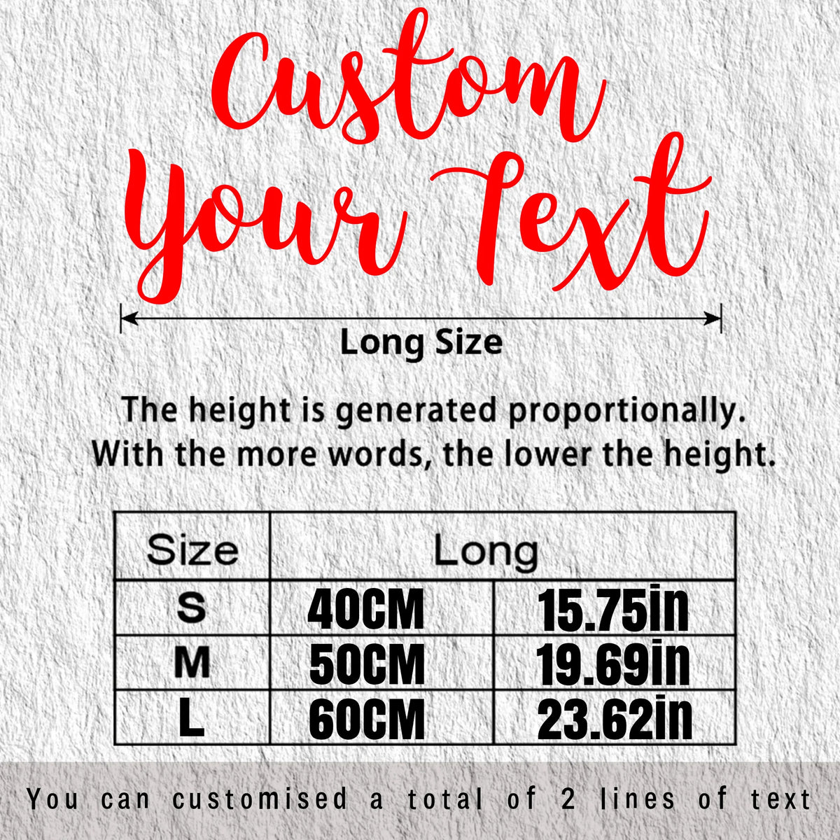 A graphic showing size options for custom text, including S, M, and L sizes with corresponding height measurements in centime
