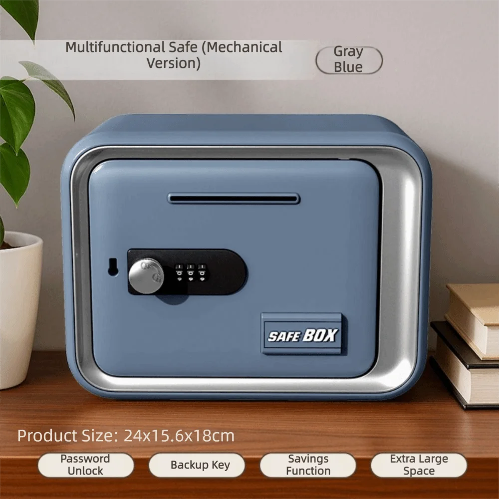 A gray blue multifunctional safe box with a digital lock and key features for storage.