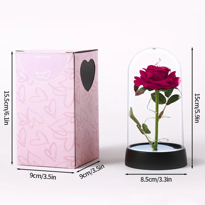 A pink box containing an eternal rose in a glass dome with a black base.