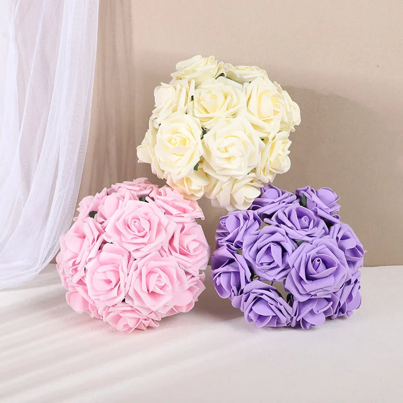 A set of two bouquets of lifelike foam roses in pale yellow and lavender colors.