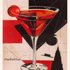 A vibrant red cocktail in a martini glass is featured against a geometric background with silhouettes of the Manhattan skylin