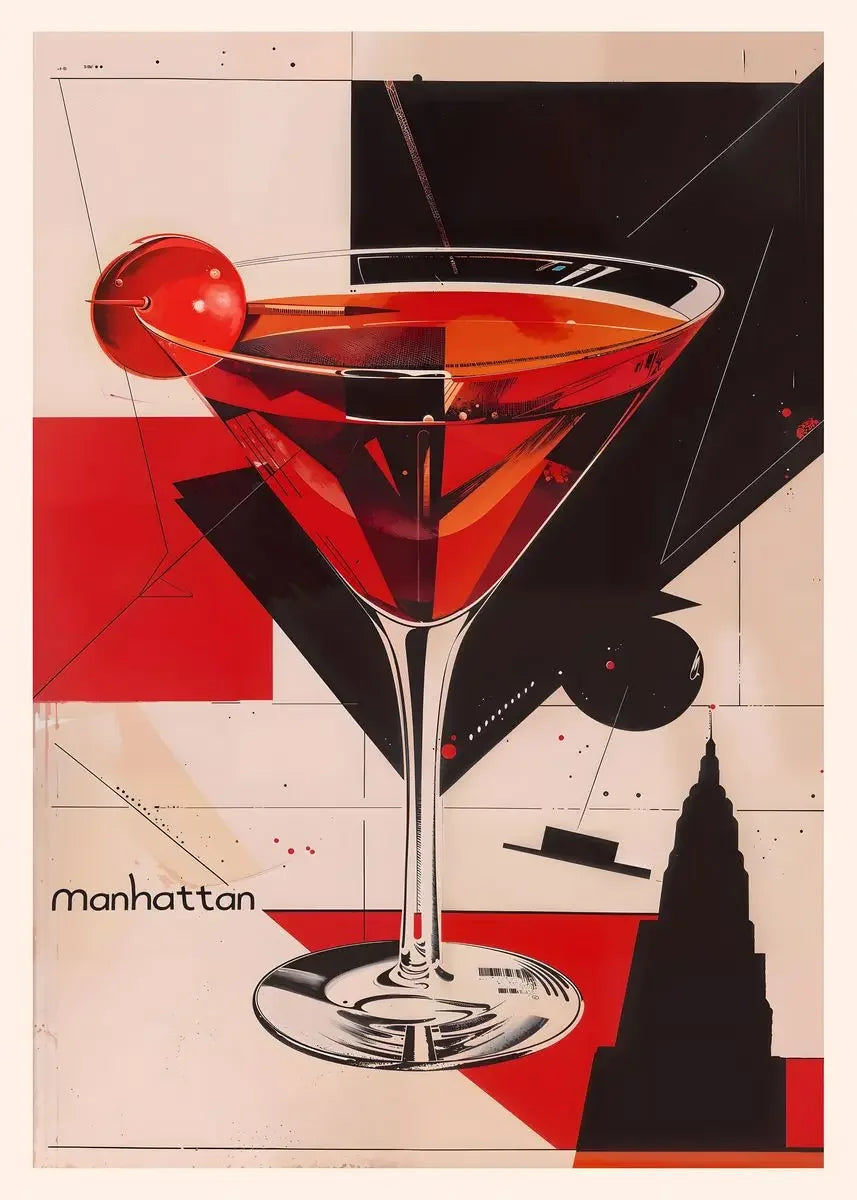 A vibrant red cocktail in a martini glass is featured against a geometric background with silhouettes of the Manhattan skylin