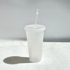A clear plastic tumbler with a lid and straw is shown against a light gray background.