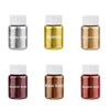 A collection of gold and silver glitter dust bottles with white caps, including White Gold, Golden, Champagne Gold, Purplish 