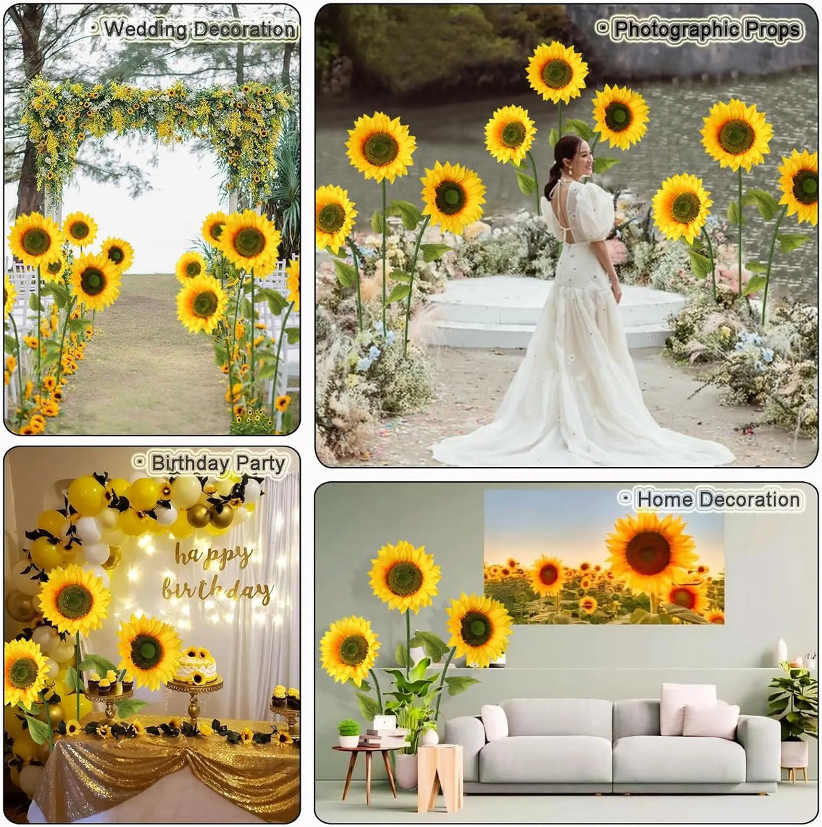 A set of giant silk sunflowers with flexible stems and metal bases used for wedding, birthday, and home decor.