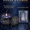 A dark candle labeled High Priestess Tarot Guidance Card sits next to a tarot card and crystal stones.
