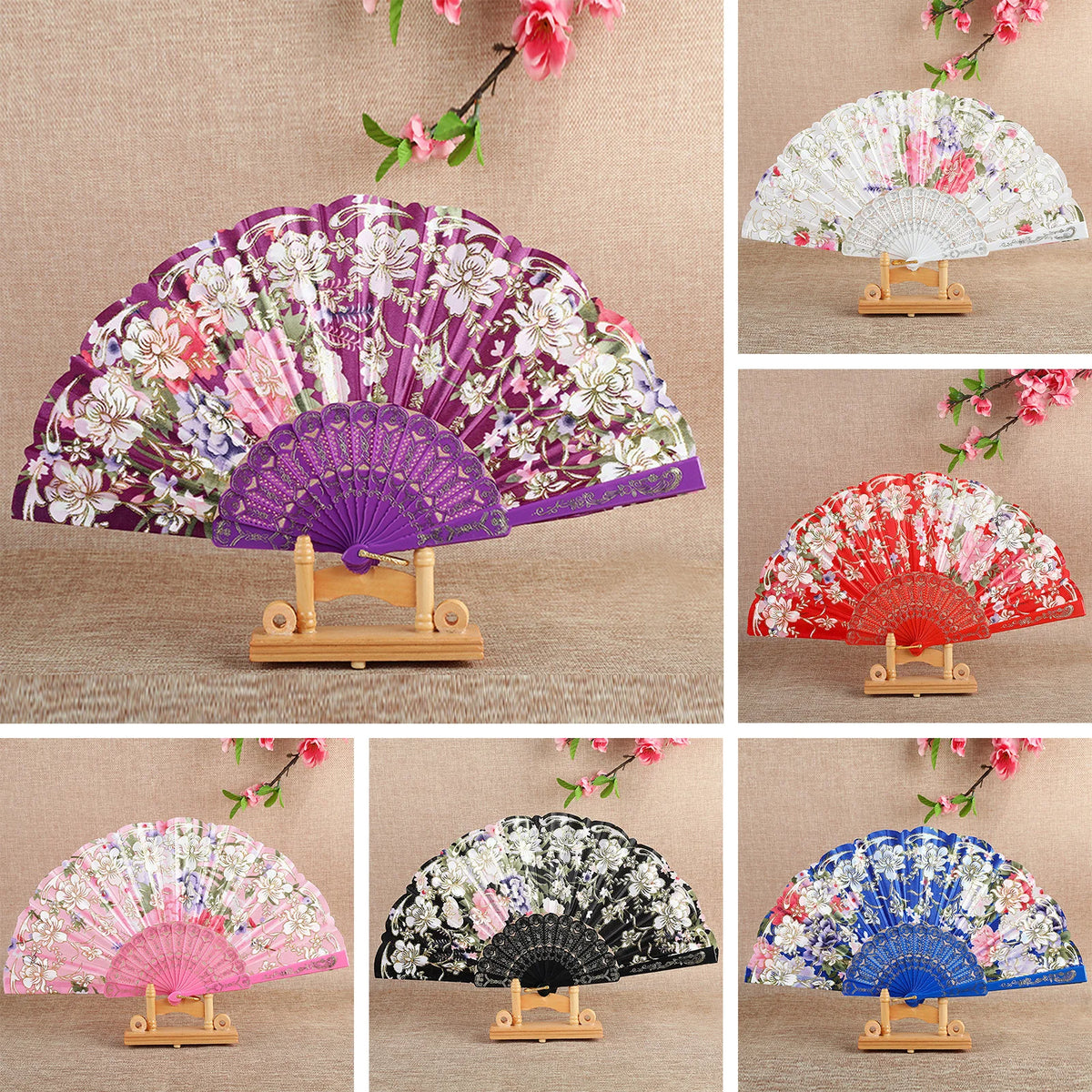A collection of elegant folding fans in various colors and floral patterns displayed on a wooden surface.