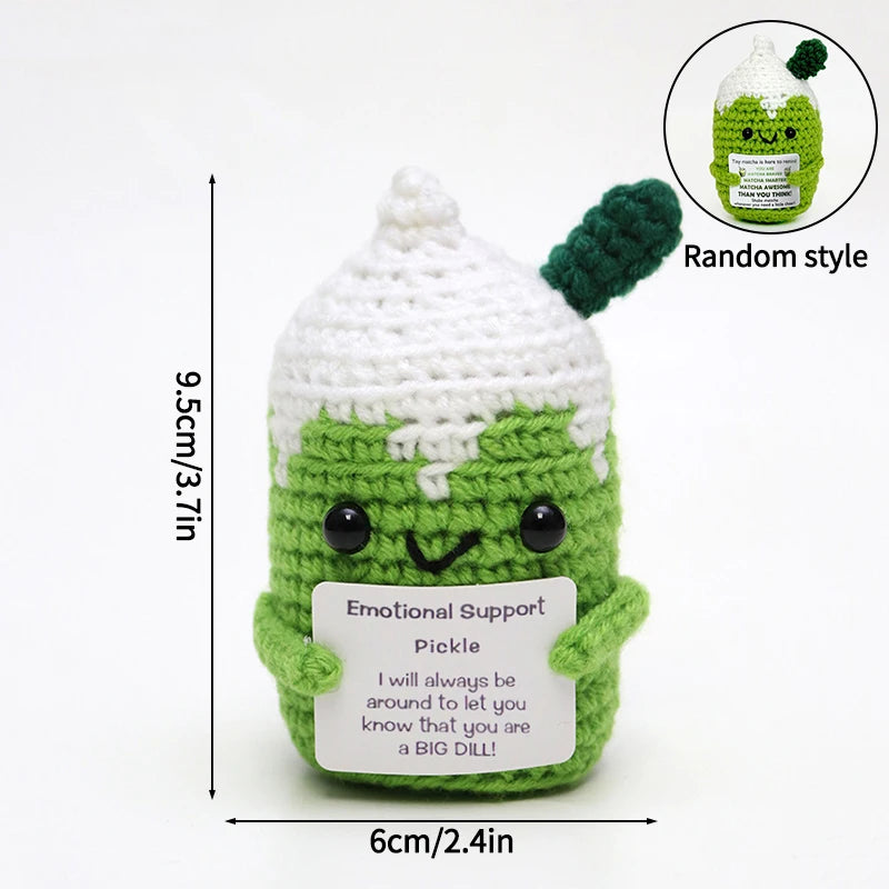 Handmade crochet potato doll in green with an inspirational support message tag