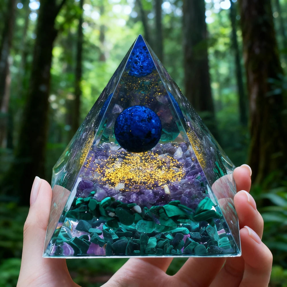 Hand holding a clear resin pyramid filled with purple and blue crystals and a copper coil in a forest setting