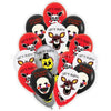 A collection of red and black foil balloons featuring bear faces for themed birthday parties