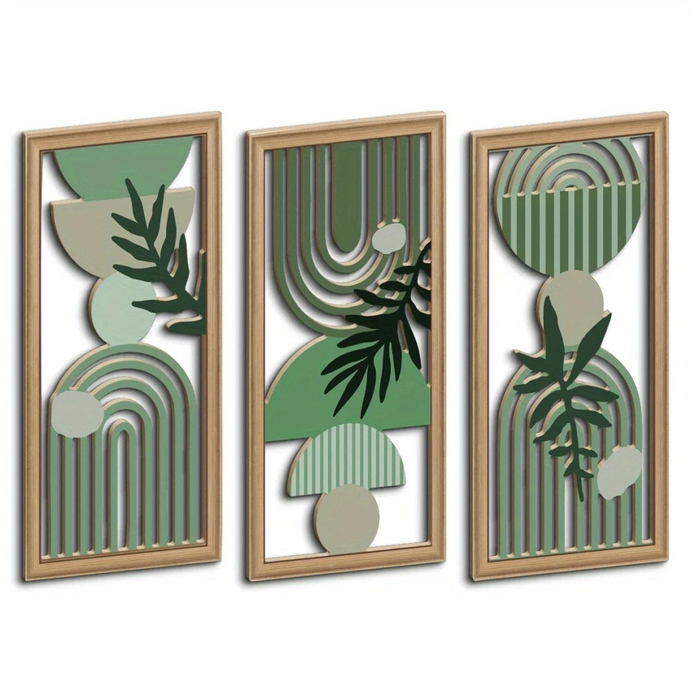 Three framed pieces of boho wood leaf wall art featuring geometric patterns in muted green and beige tones