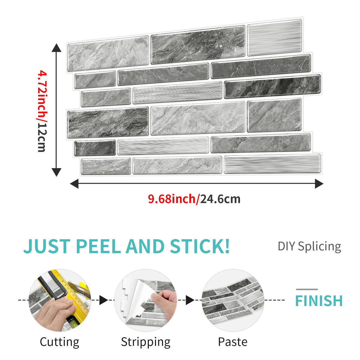 DIY marble wall sticker tiles showing the process of cutting, stripping, and applying paste for finishing