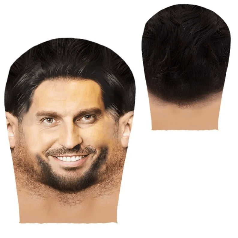 A close-up of a man's face with a beard and mustache, shown in both front and back views.