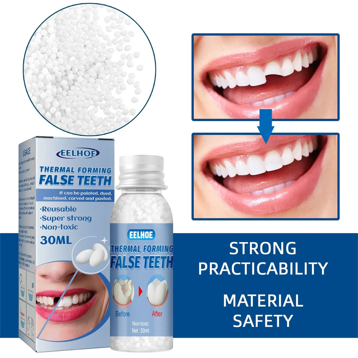 A package of thermal forming false teeth and a close-up of the teeth before and after use.