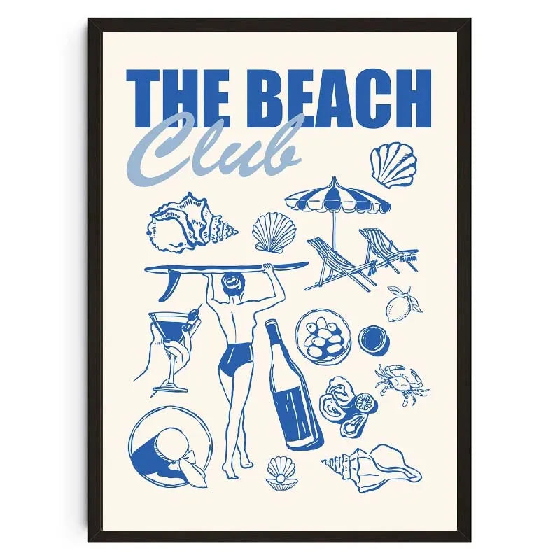 Blüne Zeichnung mit Strandelementen wie Muscheln, einem Surfbrett und einer Flasche auf Leinwand