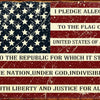 A vintage metal sign with text pledging allegiance to the flag of the United States of America and the Republic, emphasizing 