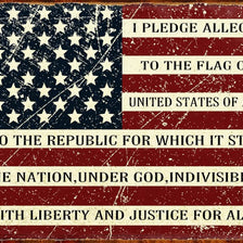 A vintage metal sign with text pledging allegiance to the flag of the United States of America and the Republic, emphasizing 