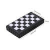 A black portable folding magnetic chess set with a white and black checkered board.