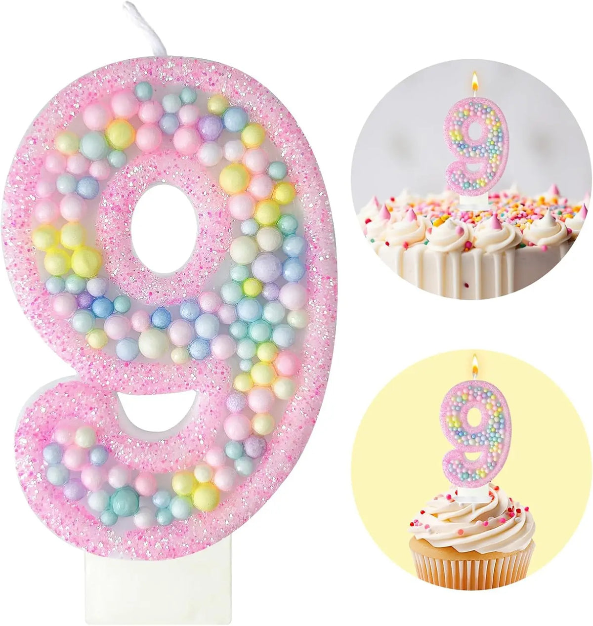 Pink macaron number birthday candles set showing the number 9 in various colors and cupcake forms