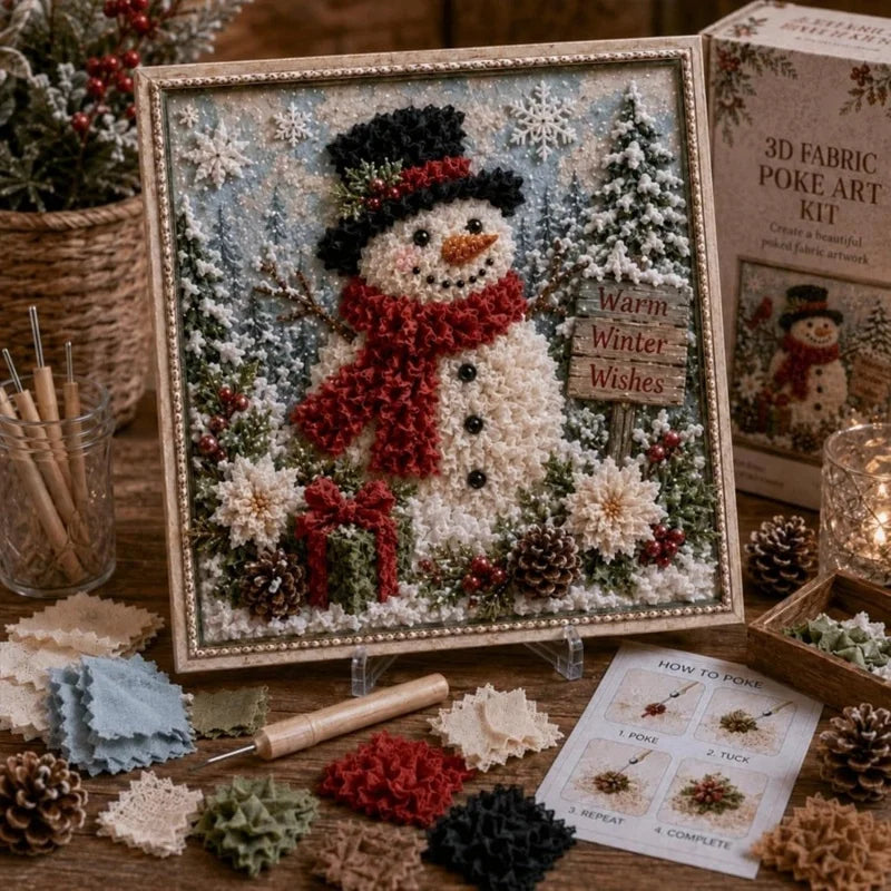 A framed 3D fabric poke art kit featuring a snowman and winter forest scene with various textured materials.