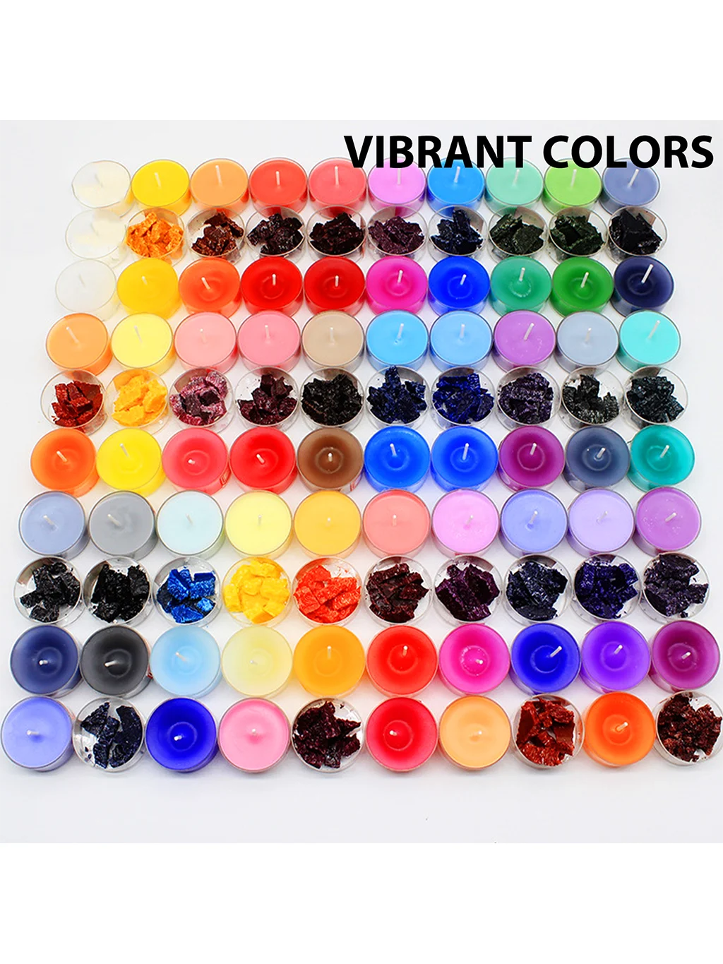 A large array of 34 vibrant colored candle dye blocks arranged in rows.