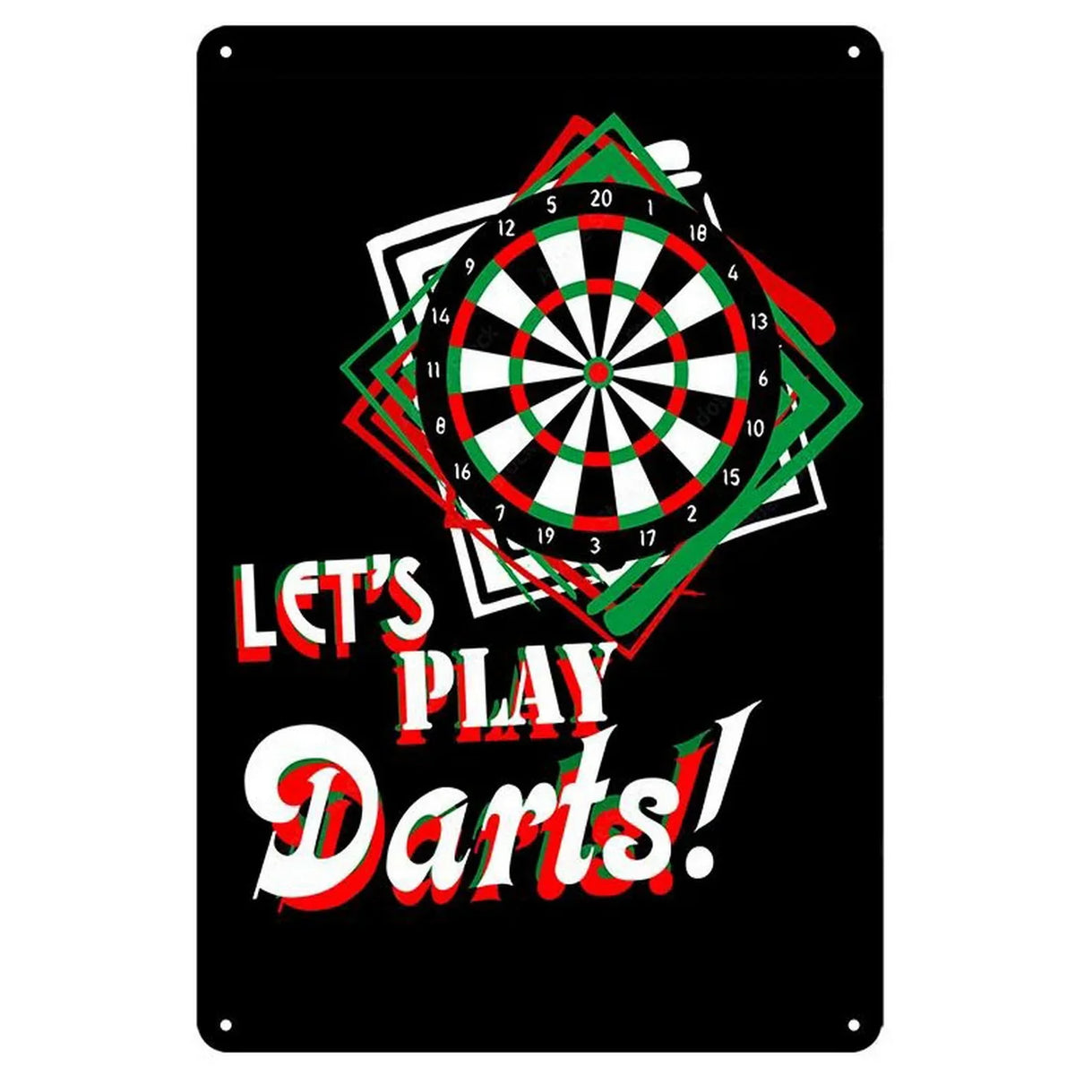 A black metal sign featuring a target dart design and the text LET'S PLAY DARTS!