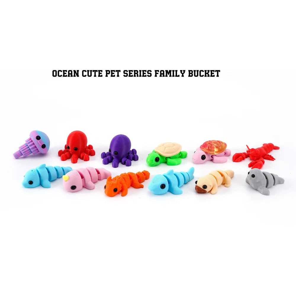 A collection of various colorful, articulated 3D printed marine animal figurines for a family bucket set.