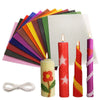 A collection of colorful honeycomb beeswax candles and related materials for a DIY kit.