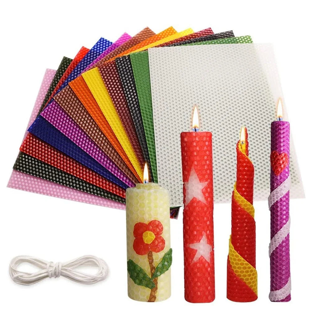 A collection of colorful honeycomb beeswax candles and related materials for a DIY kit.