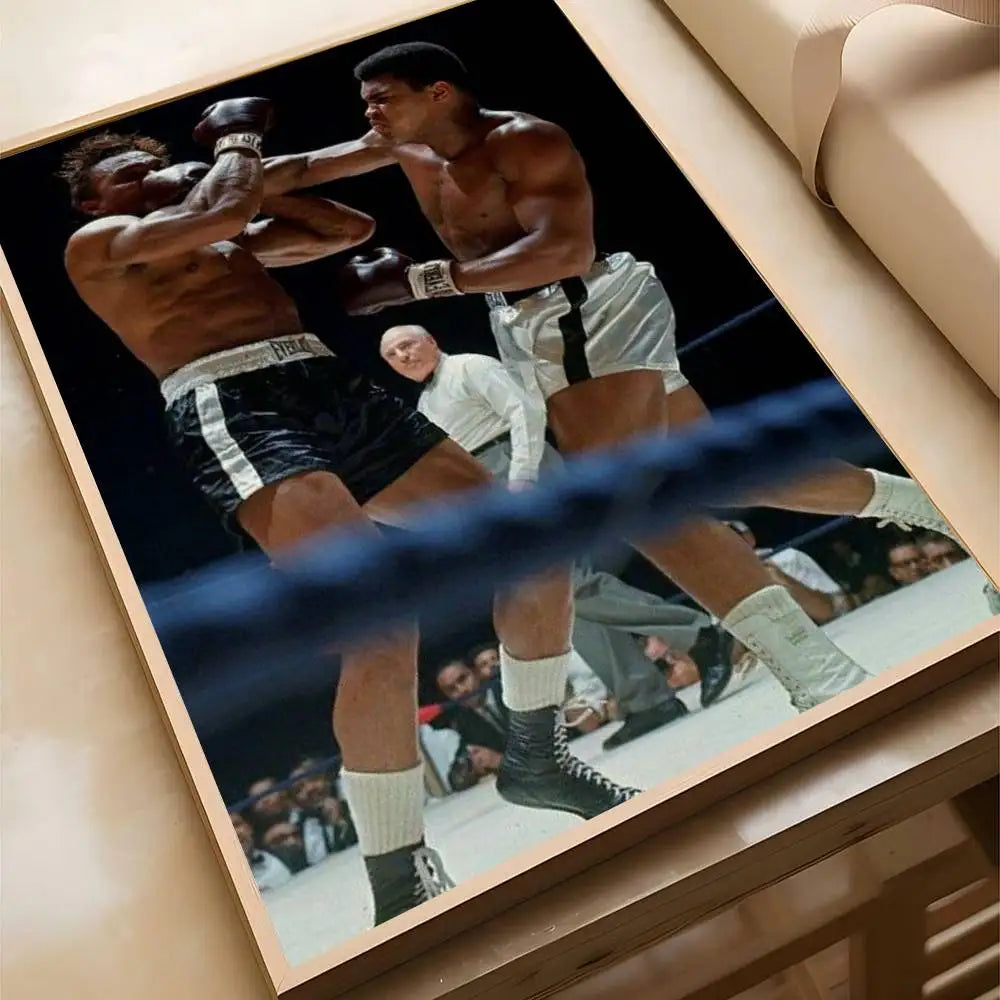 A vintage boxing poster featuring Muhammad Ali in action, displayed in a framed picture.