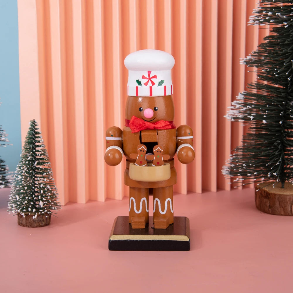 A wooden nutcracker soldier ornament with a white hat and red bow standing on a dark base.